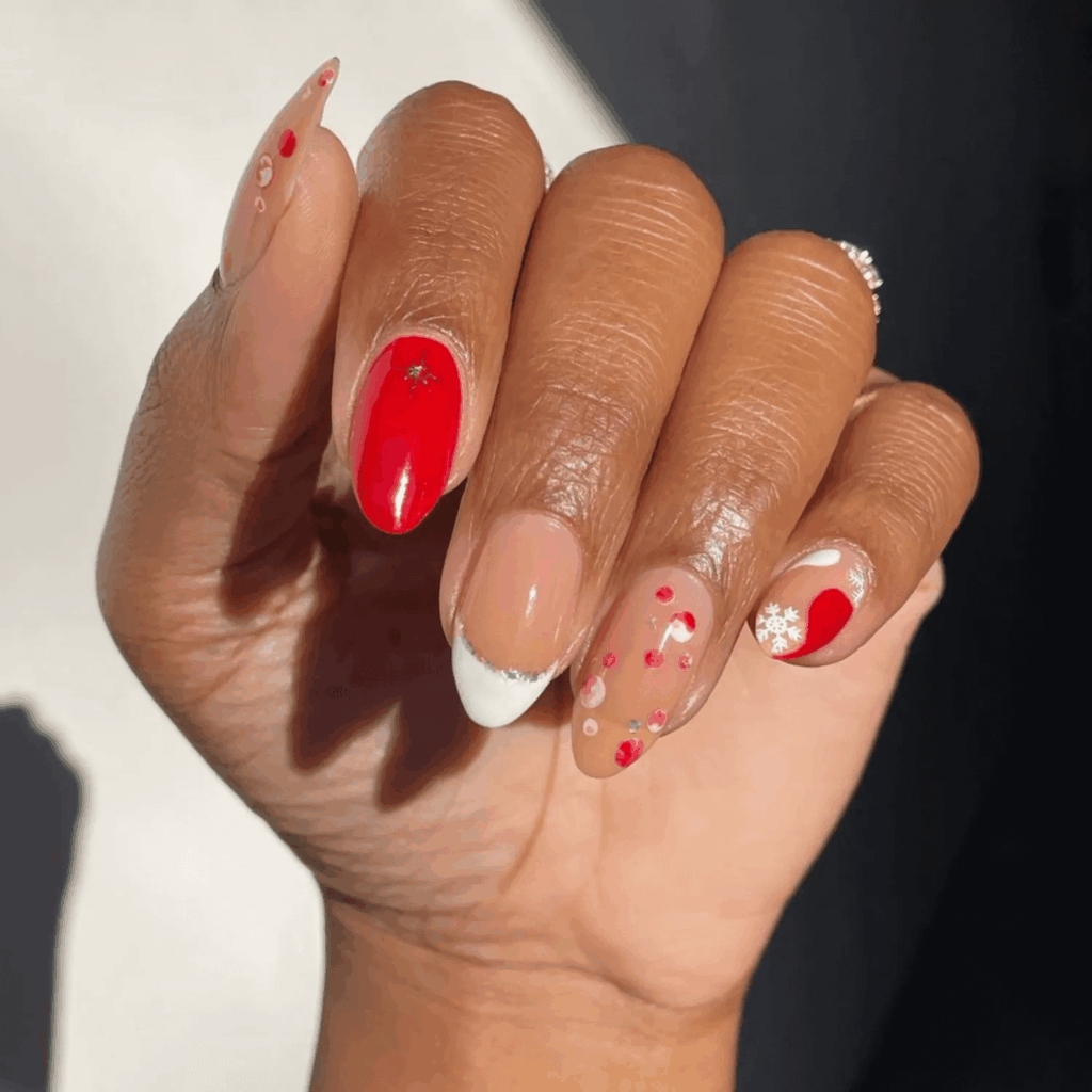 Whimsical Mismatched Red and White Polka Dot and Solid Nails by melanated.mani