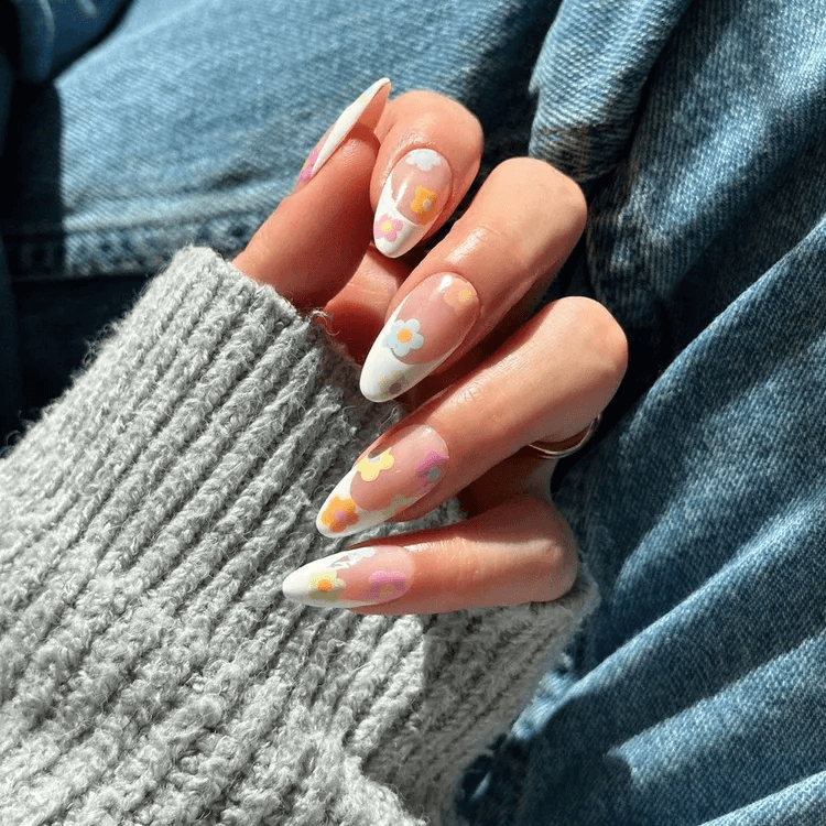 White French Tips with Colorful Pastel Flowers by disseynails