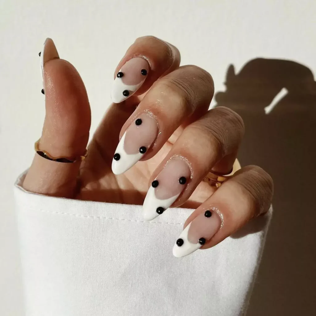 White French tip nails with spot / polka dot design by phoebesummernails