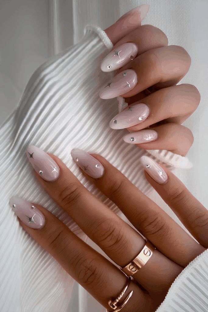 White Ombre Nails with Celestial Rhinestone and Star Gems by chloezhaang