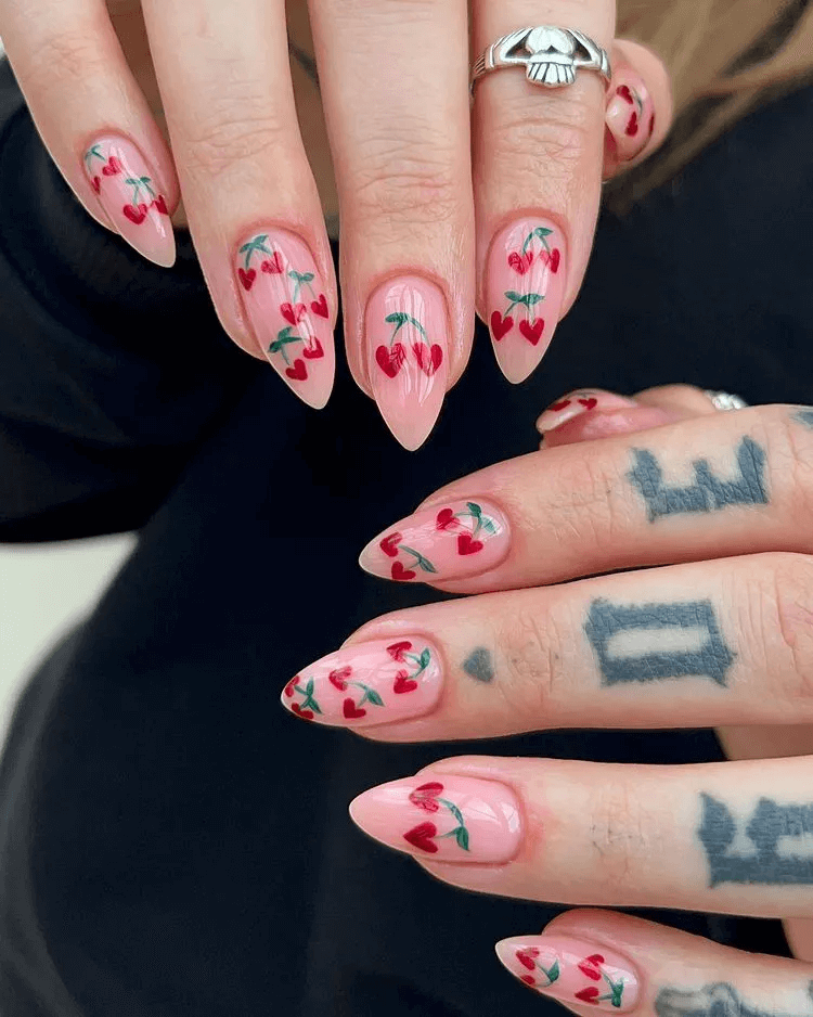 Bare Short Pointy Nails with Cherry Heart Art by jodiesbeaute
