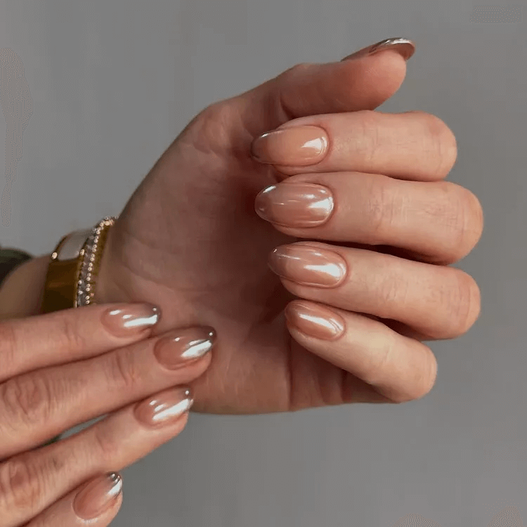 Brown French tips with a glossy, 'glazed donut' powder finish. by gossipandgloss