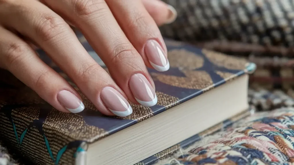 Close-up of short, rounded nail tips, showing a natural curve that follows the fingertip shape. by nailbeautyguide
