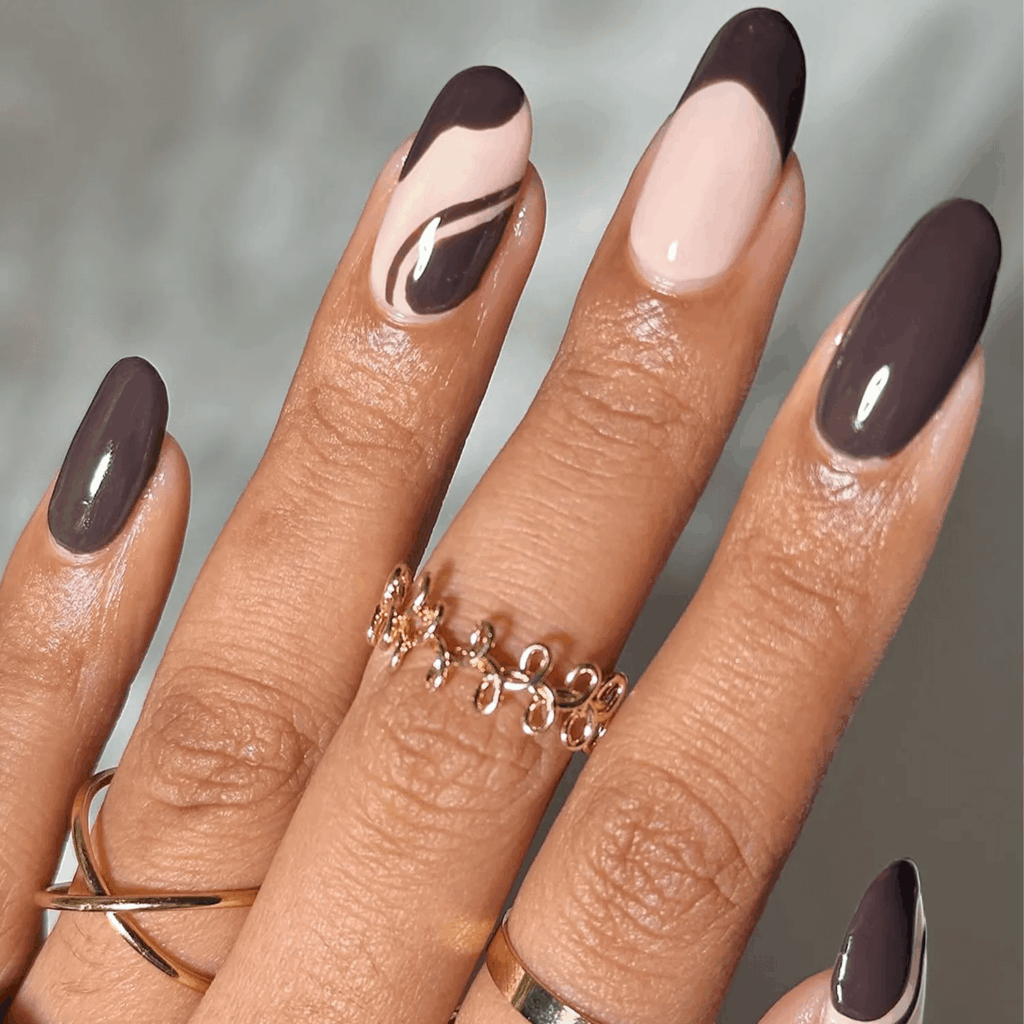 Cocoa brown swirl art and French tips on a nude base. by chillhouse