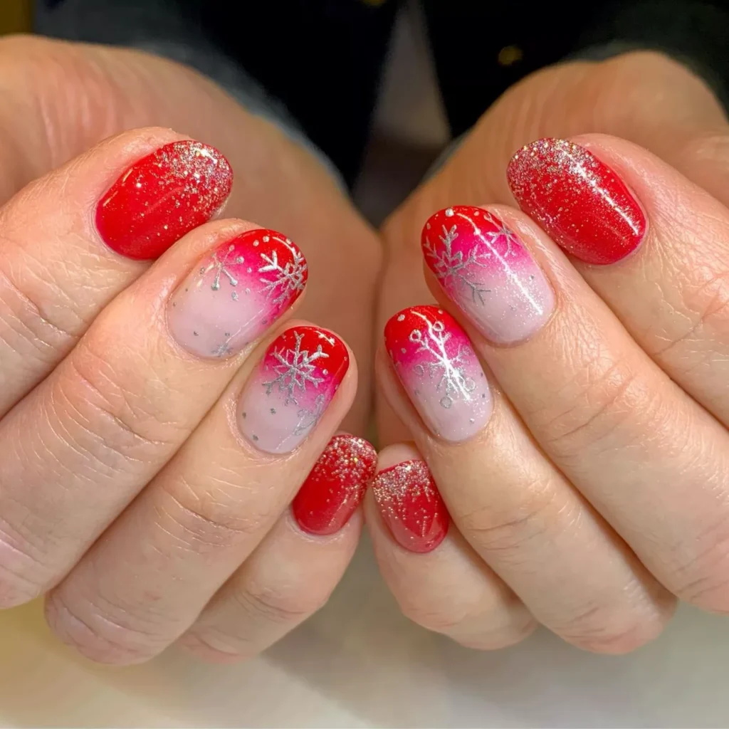 Cranberry Ombré Nails with Silver Snowflakes by chalkboardnails