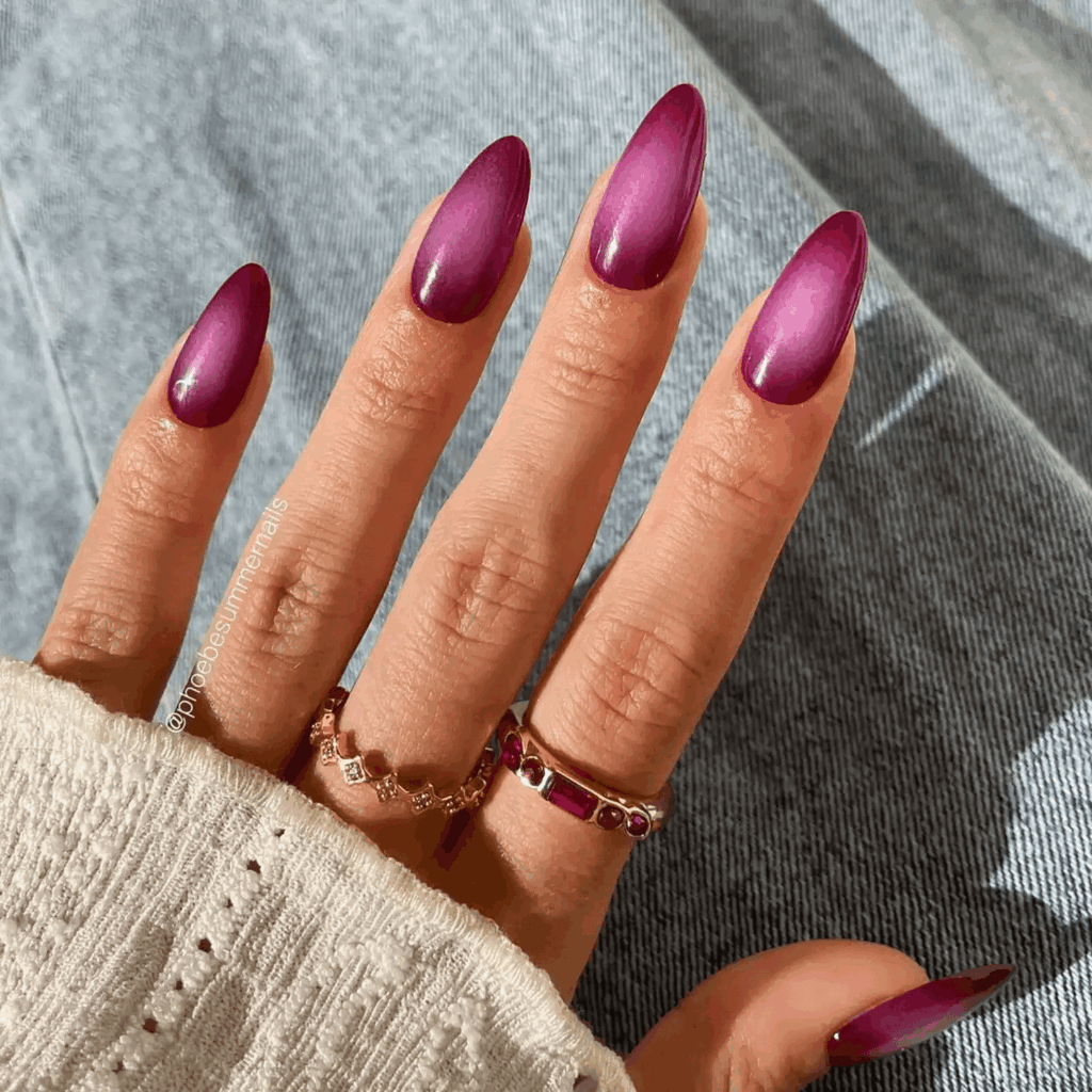 Deep plum nails featuring a lighter lavender aura center. by phoebesummernails