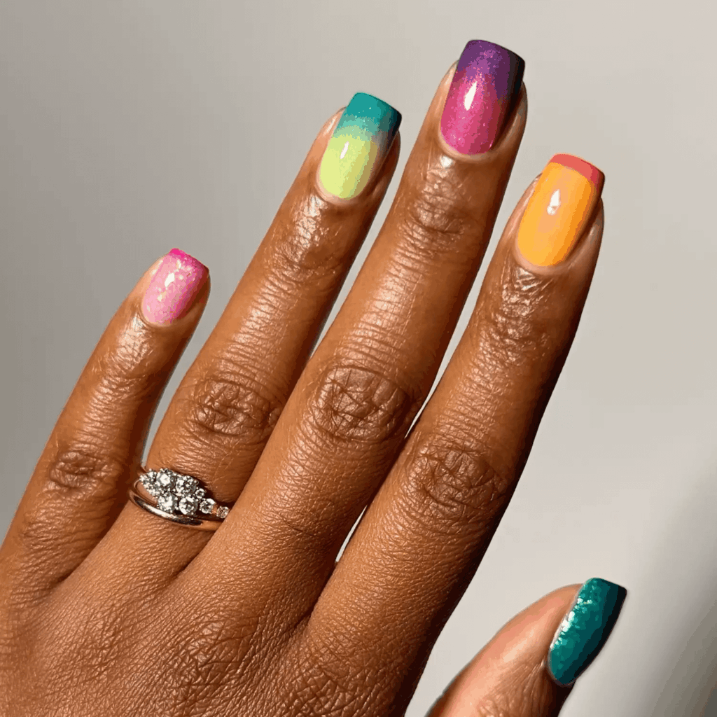 Glitter French Skittle playing with ombré fade. by melanated.mani
