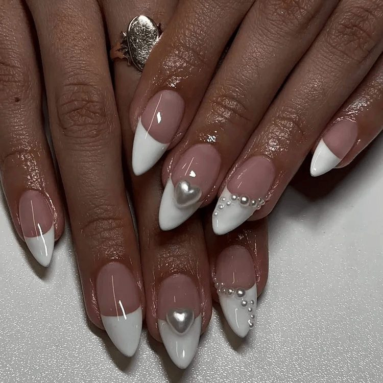 Glossy French Tip with Chic Pearl Decal Details by pressed.byp

