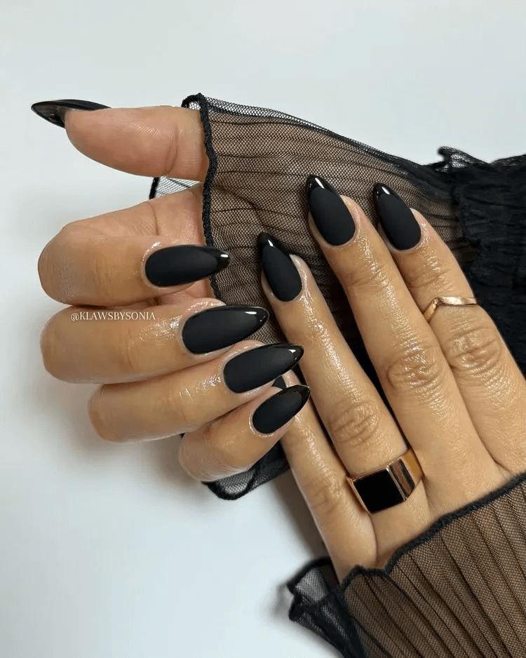 High-Shine Black French Tip on Short Pointy Shape by klawsbysonia
