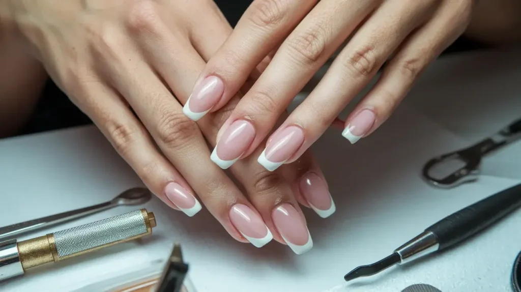 Image of full-cover nail tips, showing the tip covering the entire nail plate from cuticle to free edge. by nailbeautyguide