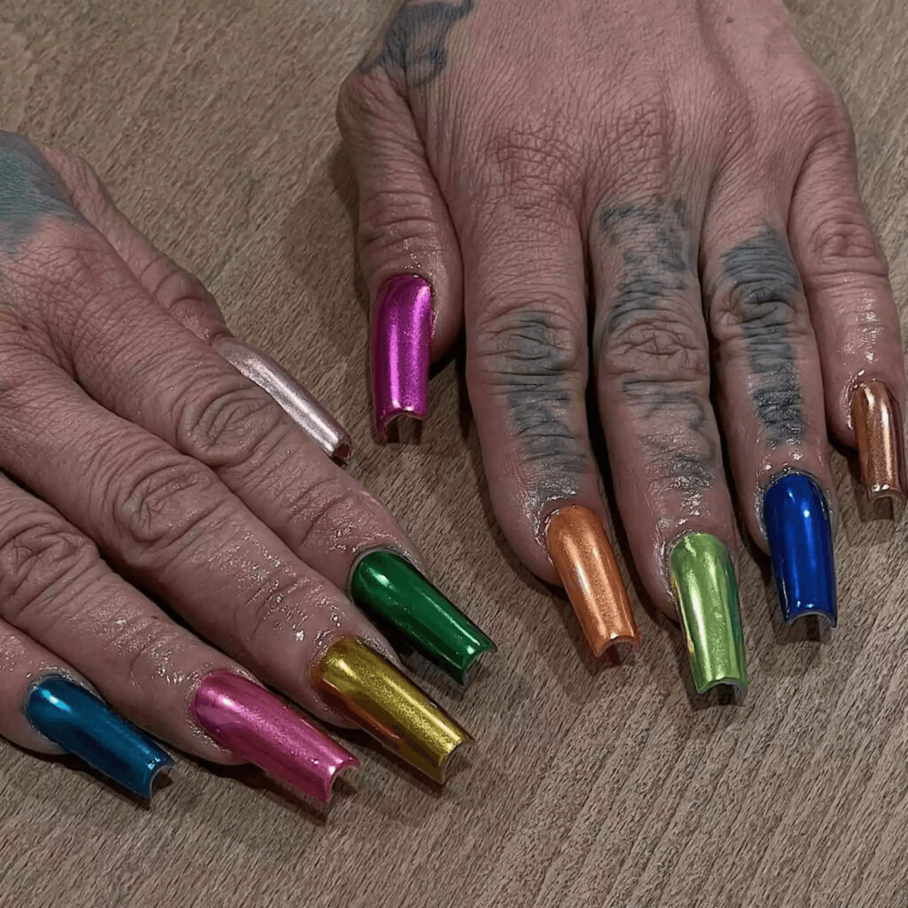 Long, rainbow colored chrome manicure set. by myprettyset
