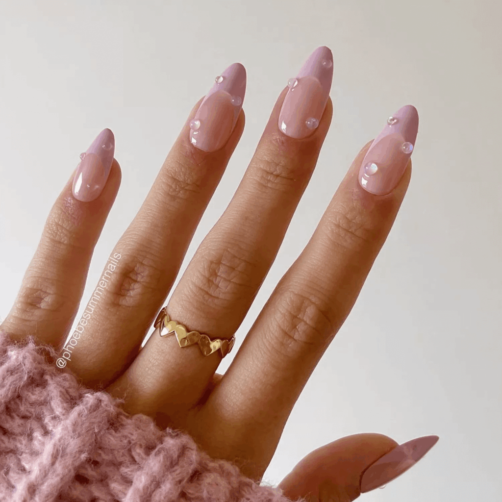 Mauve French tips with clear 3D gel dew drop accents. by lolo.nailedit
