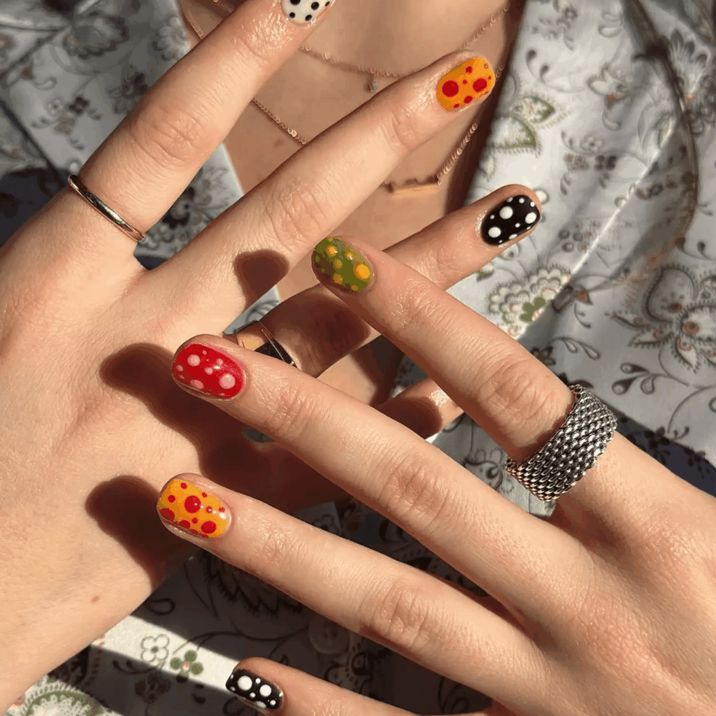 Multicolor dot art inspired by Yayoi Kusama on short nails. by thehangedit
