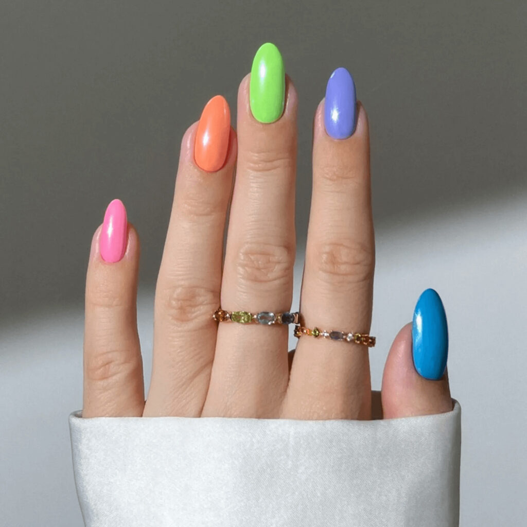Neon-pastel balance on pink, orange, green, blue. by heygreatnails