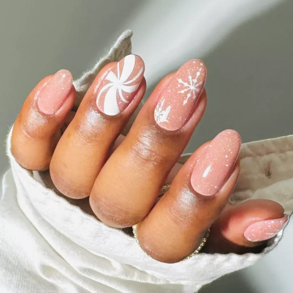 Neutral Glittery Pink with Candy Cane and Snow Details by brushedbyb_