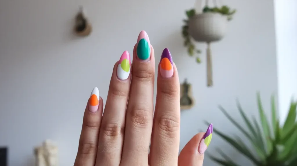 Photo of flare or duck nail tips, curving dramatically outward from the nail bed in a fan shape. by nailbeautyguide