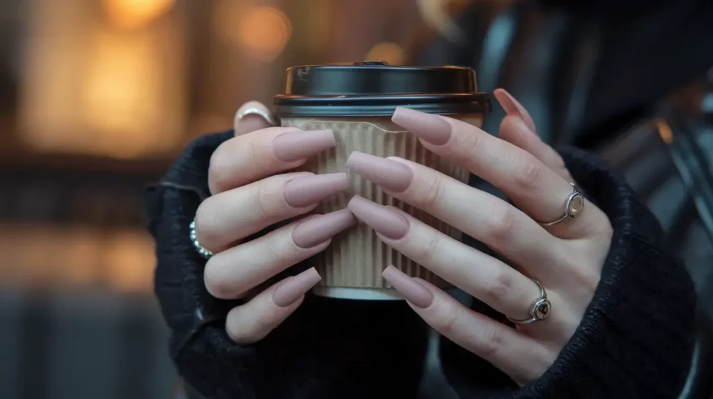 Photo of long coffin shaped nail tips, featuring tapered sides and a squared-off tip. by nailbeautyguide