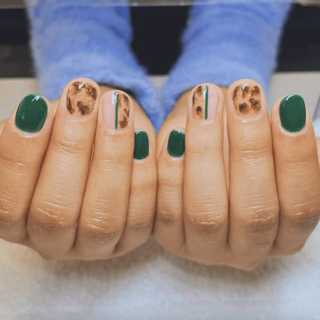 Short, rounded acrylics with green and leopard mismatch. by afreshset