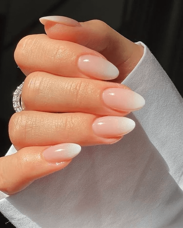 Soft White-to-Nude Ombré Short Pointy Shape by bloombarnails
