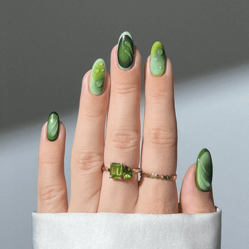 Two-tone green manicure with clear builder gel accents. by heygreatnails