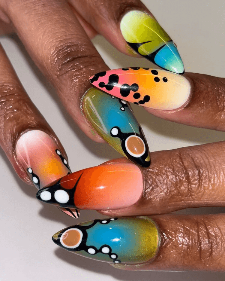 Vibrant Mismatched Butterfly Design Short Pointy Shape by sugamama_nailz
