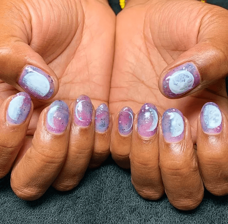 Whimsical moon phase design and scattered stars on a dark background. by fleuryrosenails