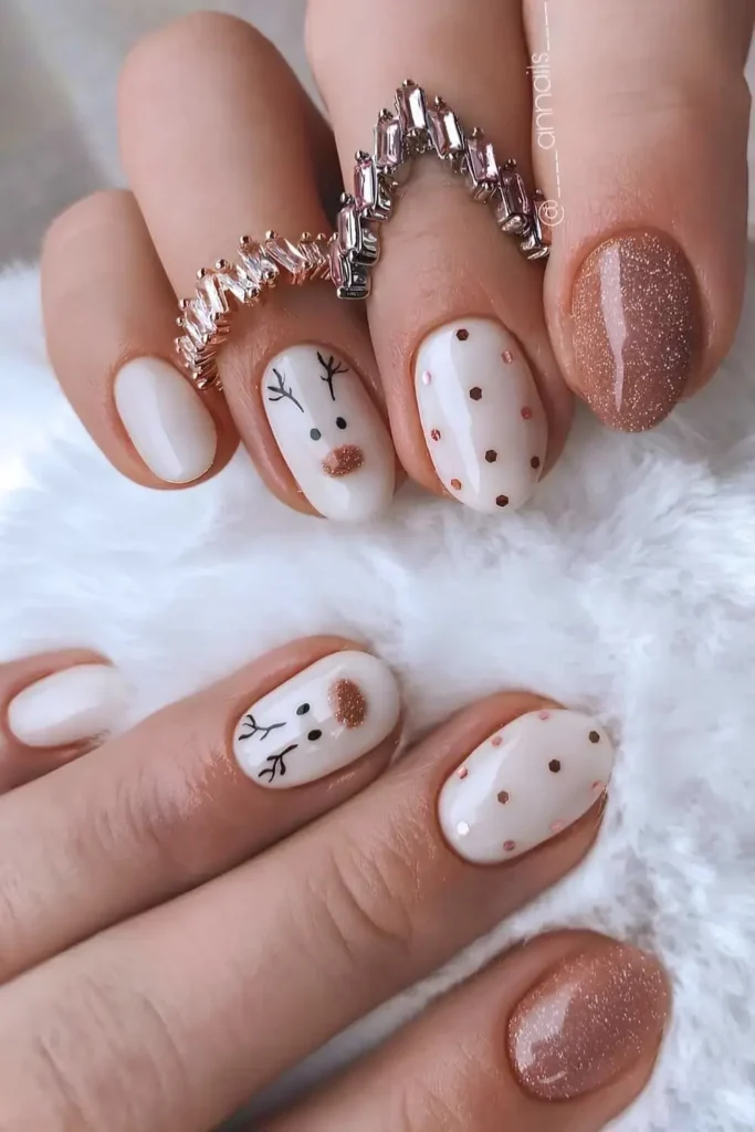 Brown and white nails with polka dots and reindeer art. by ____annails____