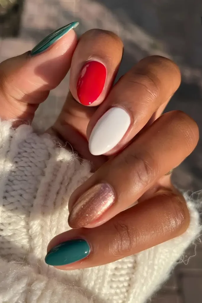 Christmas skittle manicure with glitter. by lolo.nailedit
