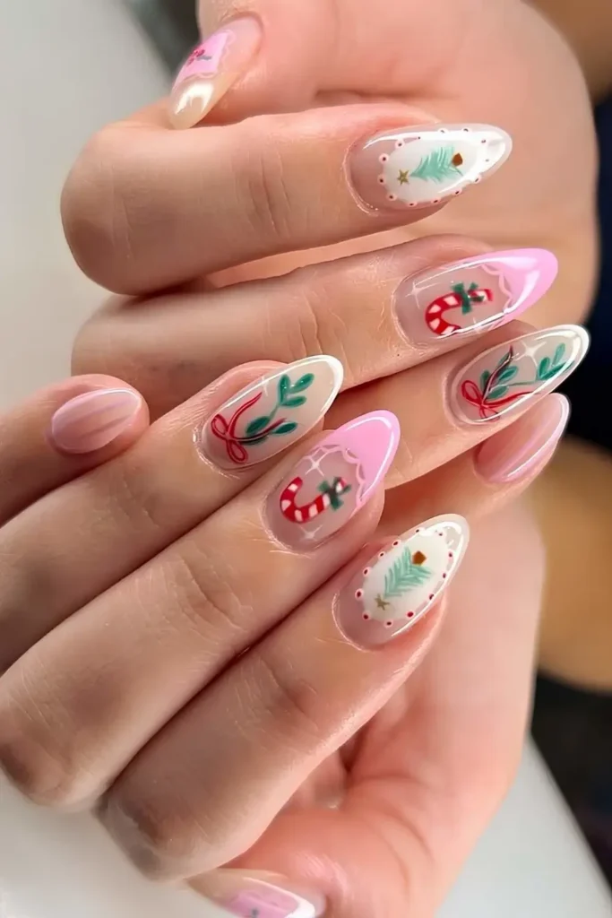 Colorful mani with candy canes and coquette motifs. by nails_by_jenna.k