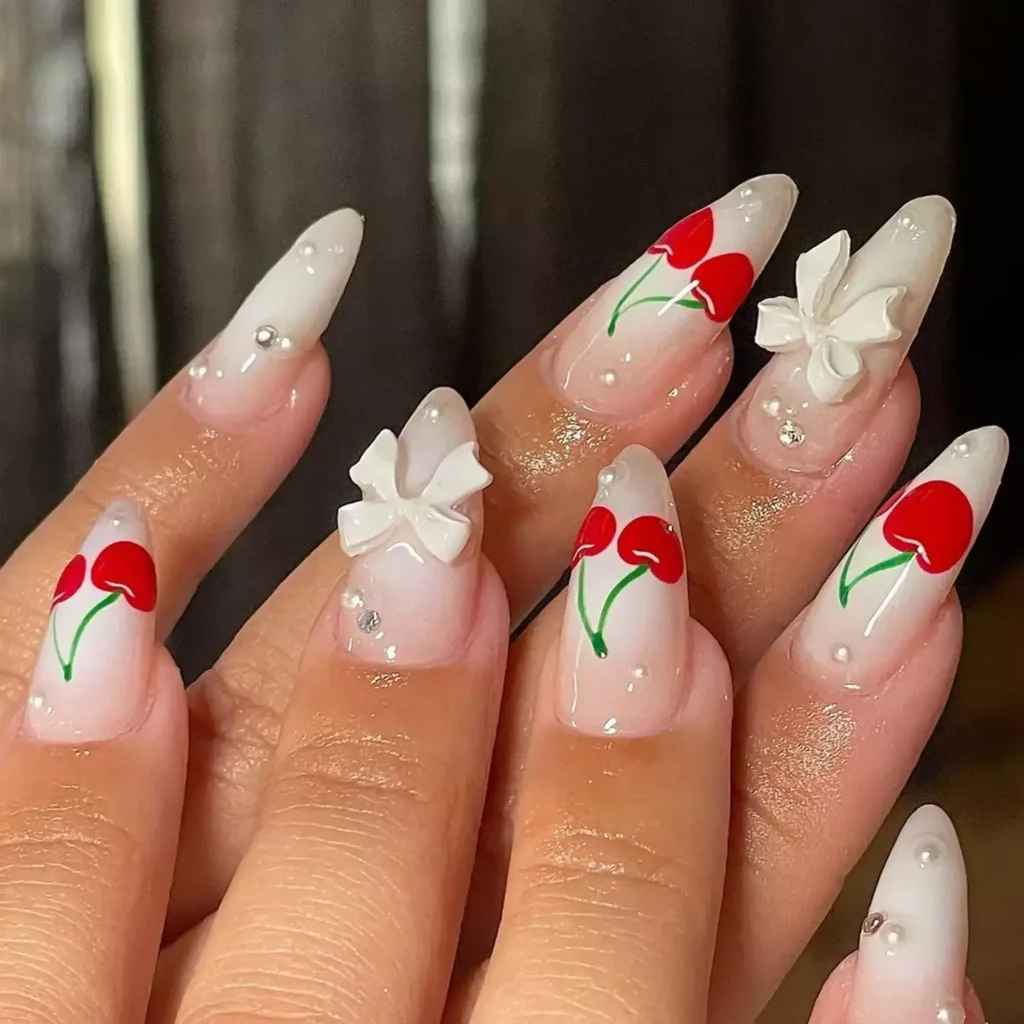 Cute cherry-inspired white nails for a fun vibe. by myprettyset