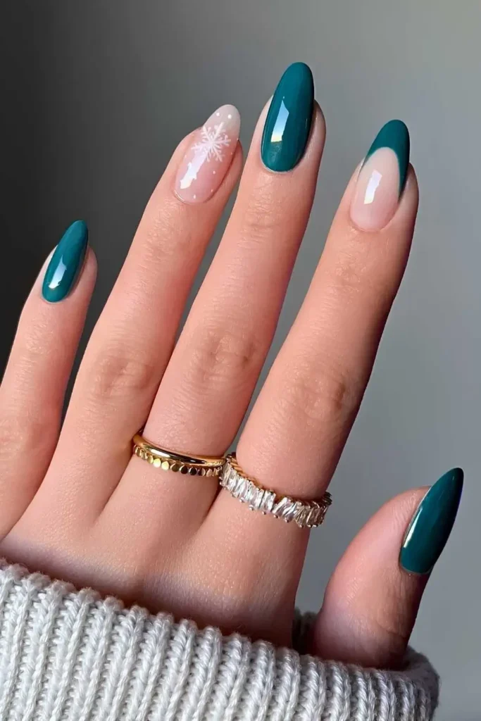 Dark green Christmas mani with accent snowflake. by heluviee