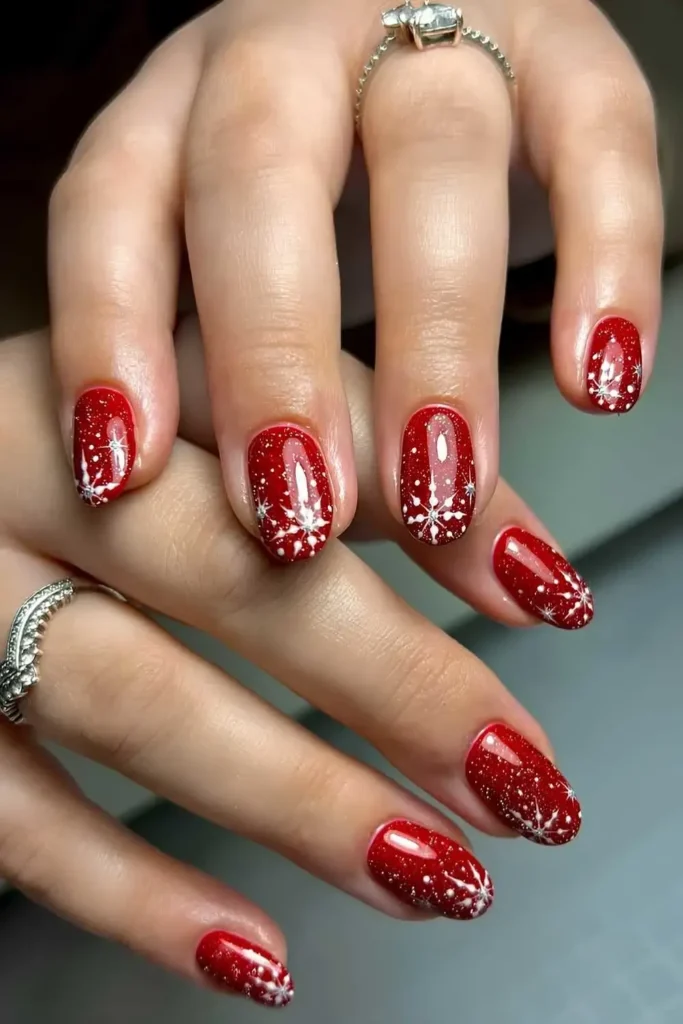 Glittery red manicure with snowflakes. by learnahstarbuck_nailartist