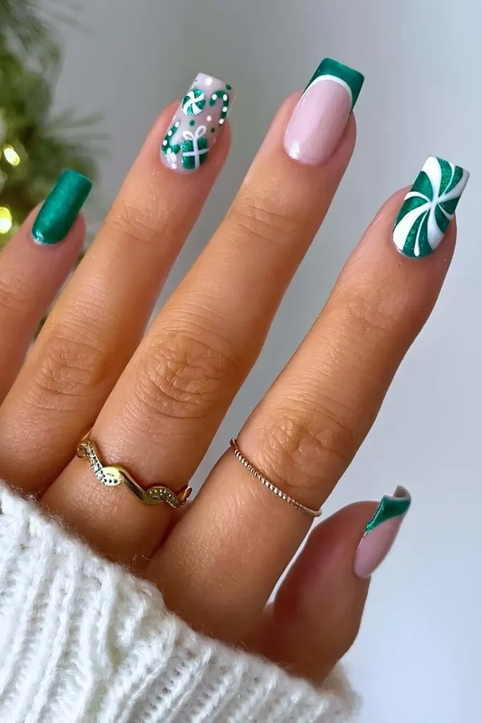 Green and white holiday mix and match nails. by by_hannahtaylor
