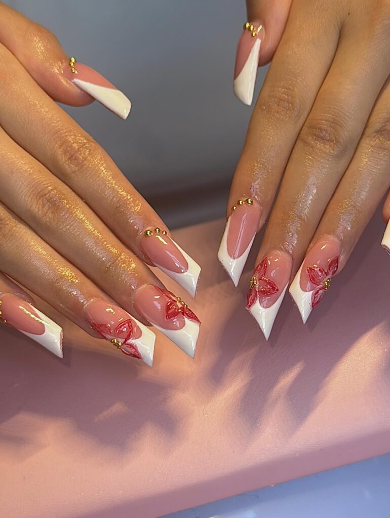 Image illustrating the unique lipstick nail shape, defined by a sharp, diagonal cut across the tip. by akeda.artistry