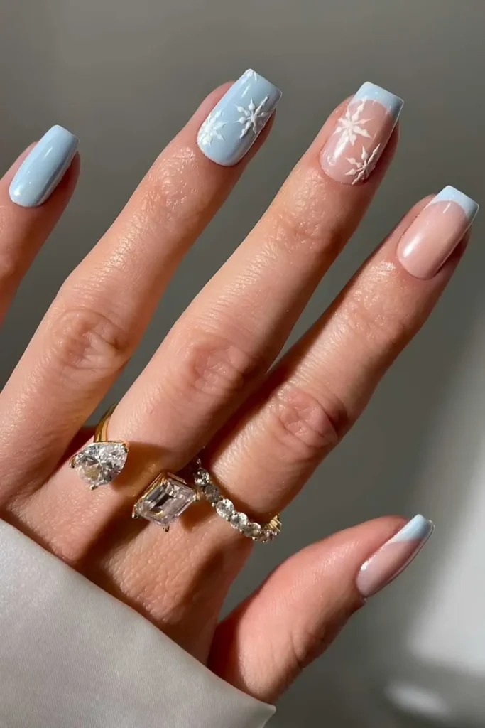 Light blue Christmas nails with snowflakes. by gelsbybry