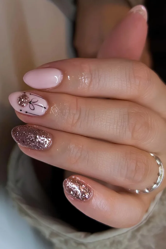 Milky pink nails with glitter and Christmas bauble art. by oheynicenails