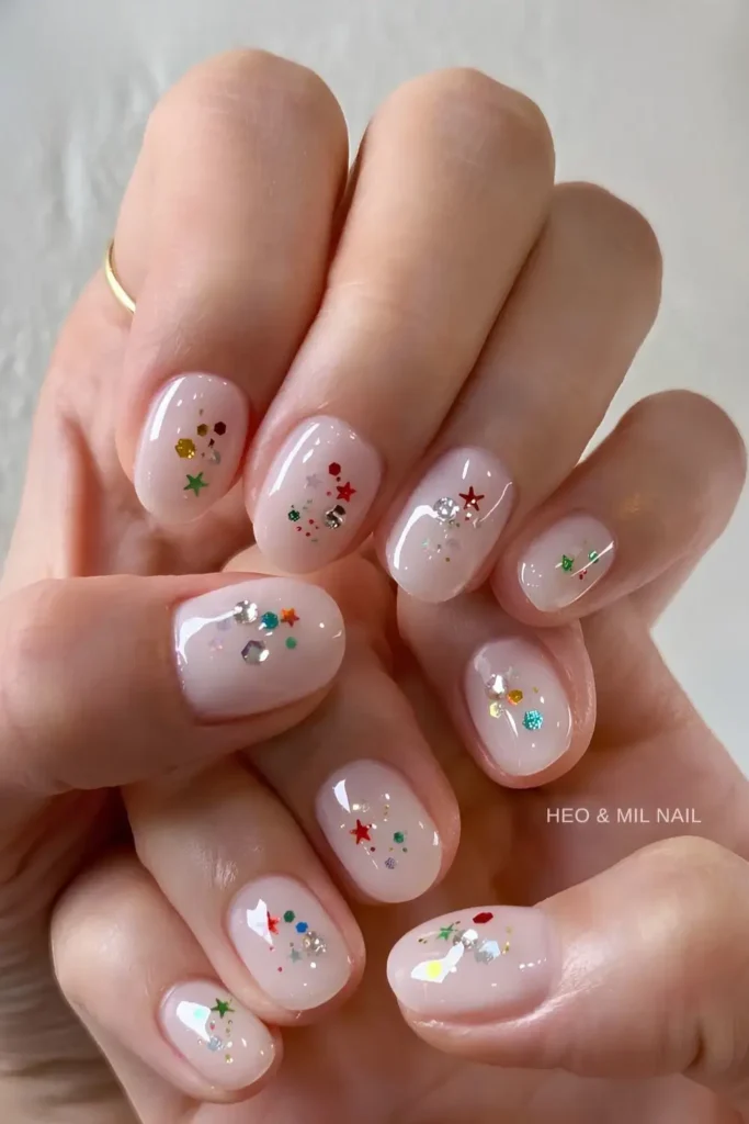 Milky white nails with chunky glitter and stars. by heojinhee_nail
