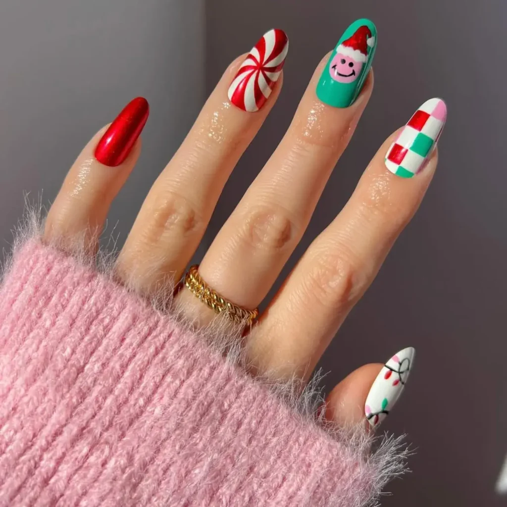 Mismatched checkerboard and peppermint swirls. by pop_polished
