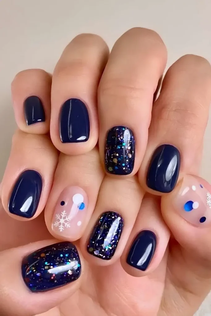 Navy blue winter mani with glitter and snowflakes. by nailalamode
