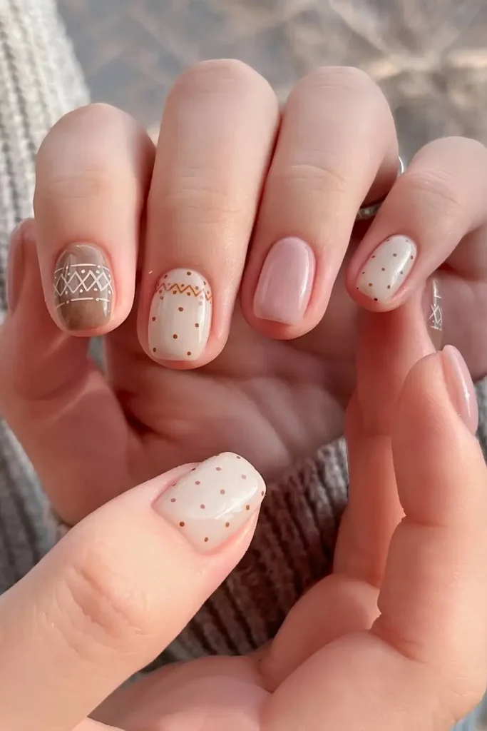 Neutral nails with Fair Isle themed art. by nailalamode