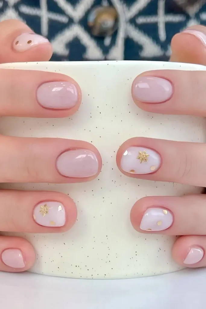 Pink and white manicure with gold snowflakes. by nailalamode