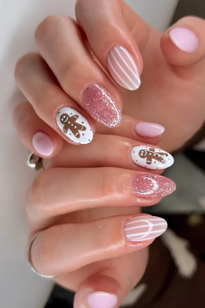 Pink nails with gingerbread and stripe art. by nails_by_jenna.k