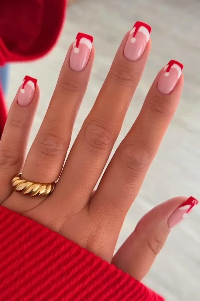Red Christmas French nails with Santa hat art. by beautyspace_charlotte
