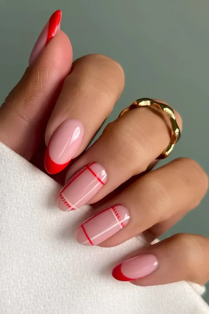 Red French mani with plaid art. by iolapallade_beauty