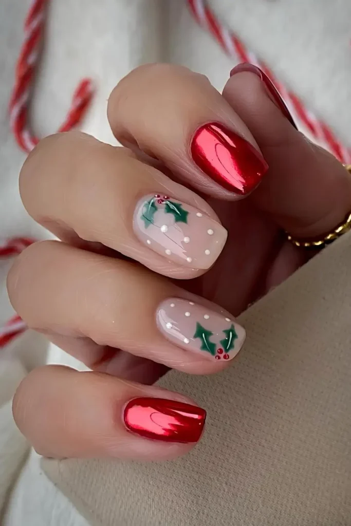 Red chrome mani with Christmas holly art. by lindseysbeautylounge1