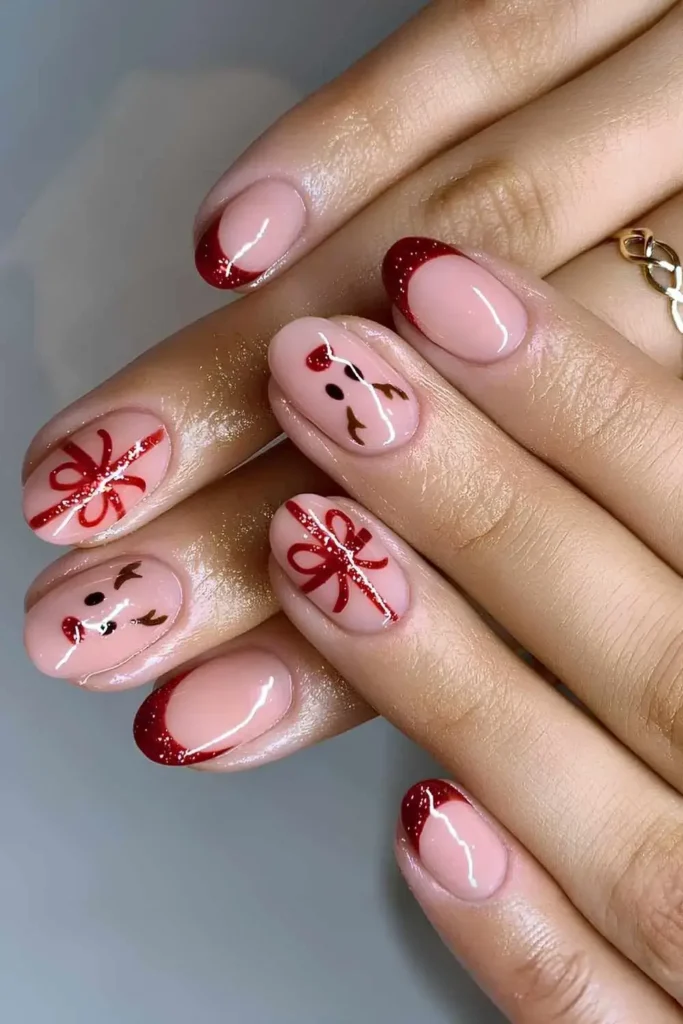 Red glitter French mani with bow and reindeer art. by truebeautybycarrie