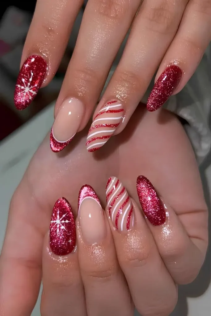 Red velvet nails with candy canes and snowflakes. by _nailsbynix
