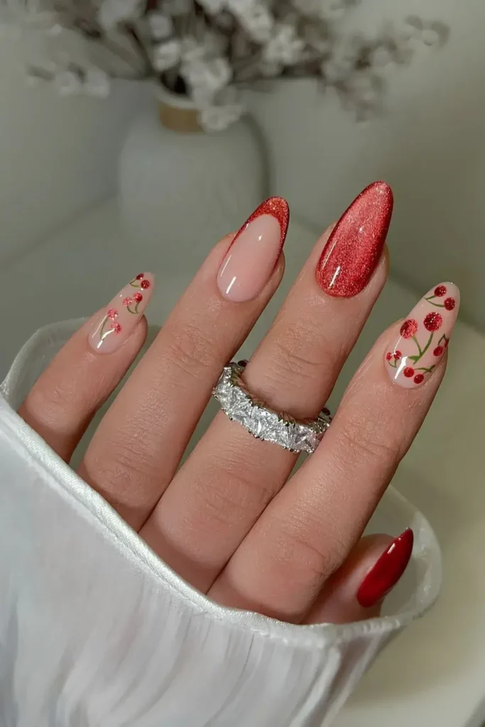 Red velvet nails with tiny cherry nail art. by elennailedi