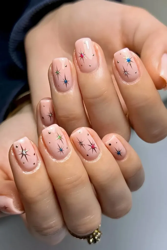 Short Christmas mani with stars and gems. by learnahstarbuck_nailartist