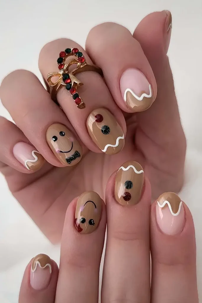 Short brown gingerbread themed nails. by ____annails____